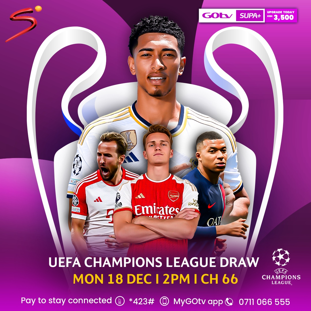 Team yako iko #UCL ama niachane na wewe? Cheki #UCLDraw LIVE on SS Premier League Ch. 66 at 2 pm. Reconnect or stay connected to GOtv. Access #GOtvStream - available to ALL active subscribers. bit.ly/gotvstream #FootahMkononiOnGOtv