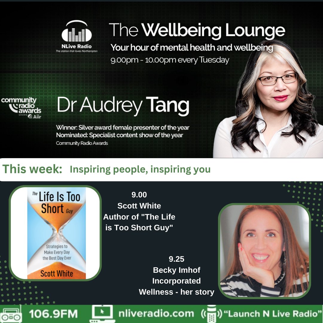 Such an inspiring line up in the lounge tomorrow. First Scott White, award winning author of The Life's Too Short Guy with tools for happiness, then Becky Imhof of Incorporated Wellness sharing being diagnosed with two brain tumours.
Plus my tips for goal setting in 2024
