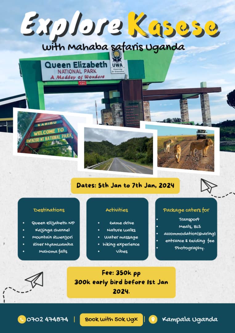 Join the enjoyment as we explore kasese Mt rwenzori queen Elizabeth national game park kiwa hot springs kazinga channel etc going down from 5-7th Jan come 2024 at only 359k@person which includes all fee to and fro
#africabyroad