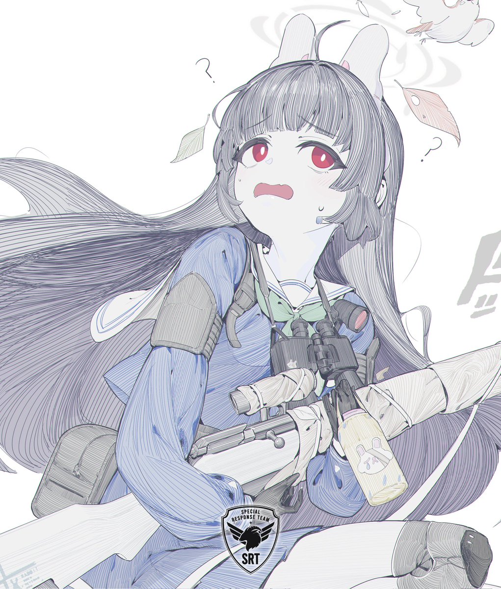 miyu (blue archive) 1girl weapon long hair gun rifle black hair red eyes  illustration images
