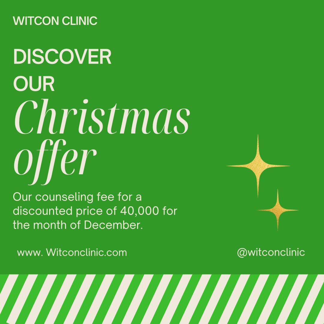 WITCON CLINIC’S HOLIDAY PRICES.🎉
This month, we are hoping to share love through this festive season. 
Visit us and book counseling sessions as low as N40,000 for the month of December!!!
#mentalhealthawareness 
#mentalhealthmatters 
#witconclinicng 
#christmasdiscount