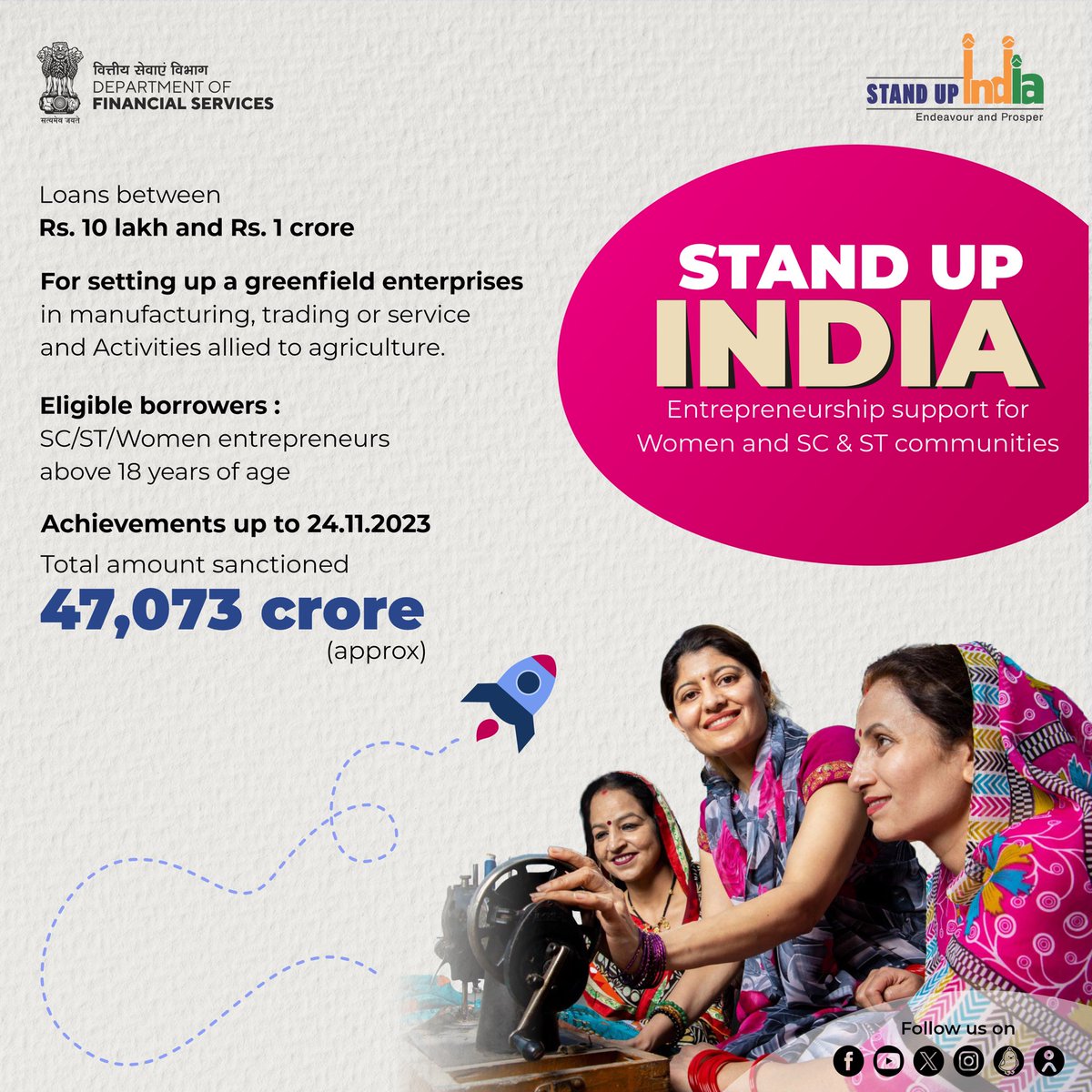 The success of the #StandUpIndia scheme in promoting entrepreneurship is reflected in terms of extending loans of over ₹47,000 crore to SC, ST, and Women entrepreneurs.

#ViksitBharat 
#FinMinReview2023