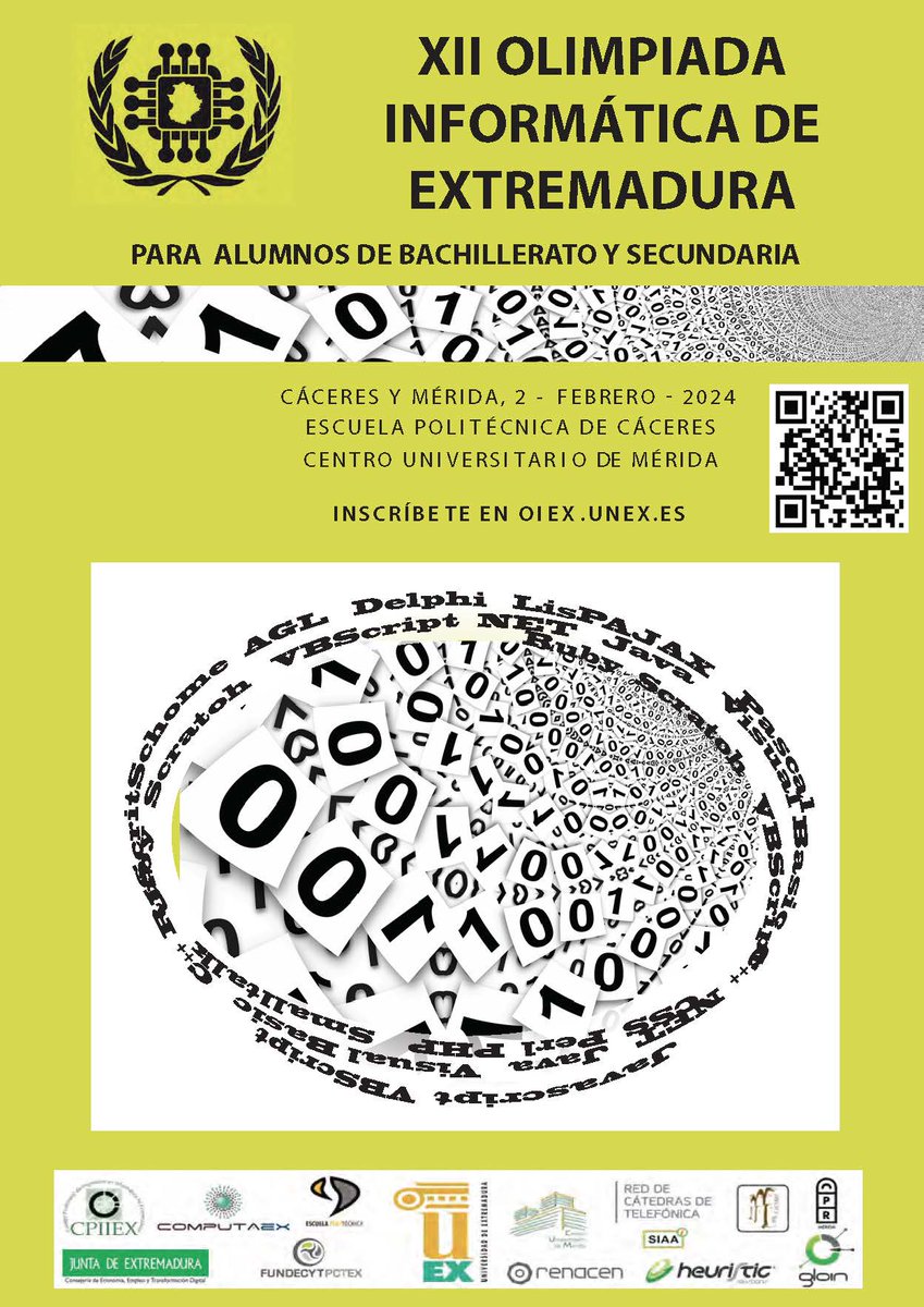 Queda menos para XII Olimpiada Informática de Extremadura de <a href="/infouex/">UEx</a> en <a href="/EPCC_Unex/">Escuela Politécnica CC</a> y <a href="/CUMe_UEx/">CUMe_UEx</a> (02/02/24). Que no te lo cuenten, participa de la prueba de ingenio y programación. Para 3º y 4º de ESO y 1º y 2º de Bachillerato <a href="/FundecytPCTEX/">FUNDECYT-PCTEX</a> <a href="/educacionEXT/">Educación, Ciencia y Formación Profesional</a> <a href="/cprdemerida/">CPR de Mérida</a> <a href="/cprcaceres/">CPR de Cáceres</a>.