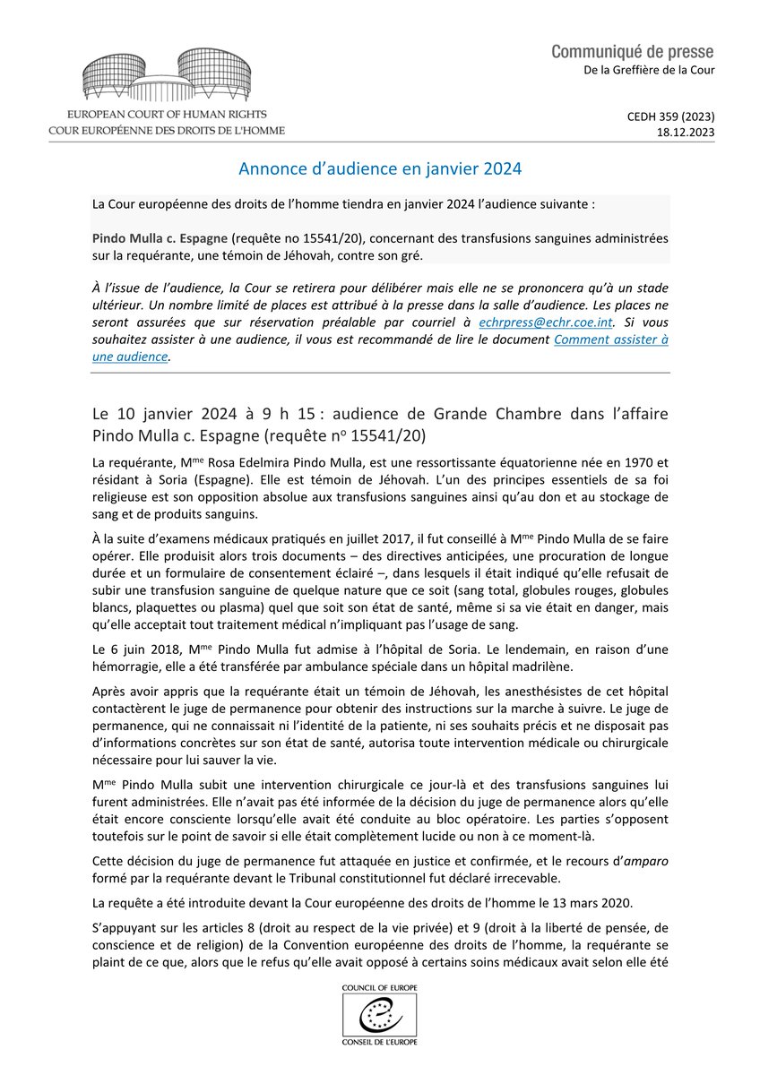 Annonce d’une audience en janvier 2024 hudoc.echr.coe.int/app/conversion… #ECHR #CEDH #ECHRpress