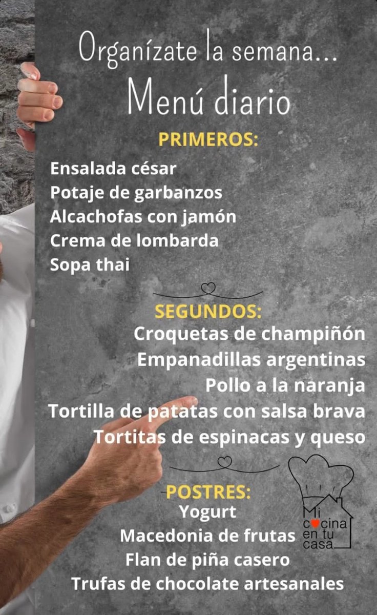 Balonmano iKasa Boadilla (@balonmanoikasa) on Twitter photo Aquí os dejamos el menú diario para esta semana de nuestros amigos de <a href="/Micocinantucasa/">Catering Mi Cocina en tu Casa</a> 👩🍳
Venga que llegáis a tiempo al menú de hoy!
Feliz lunes a todos! Aquí os dejamos el menú diario para esta semana de nuestros amigos de <a href="/Micocinantucasa/">Catering Mi Cocina en tu Casa</a> 👩🍳
Venga que llegáis a tiempo al menú de hoy!
Feliz lunes a todos!