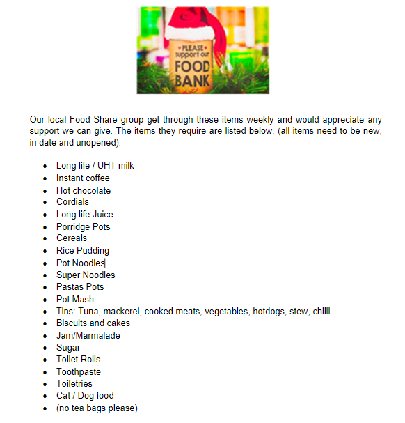 Last day for dropping off Foodbank items is Tuesday 19th, please see the letter or text to parents for details. Thank you to everyone who has donated so far.
