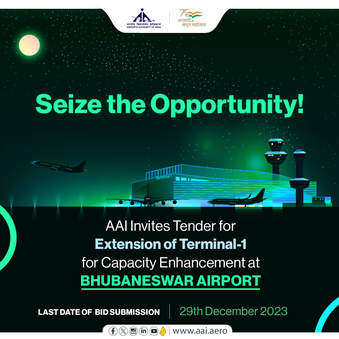 AAI has invited tenders for the extension of Terminal-1 at #Bhubaneswar @aaibpiairport to enhance its capacity. The project aims to provide improved facilities for passengers. Interested parties can submit their proposals until the last date, which is 29th Dec'23.