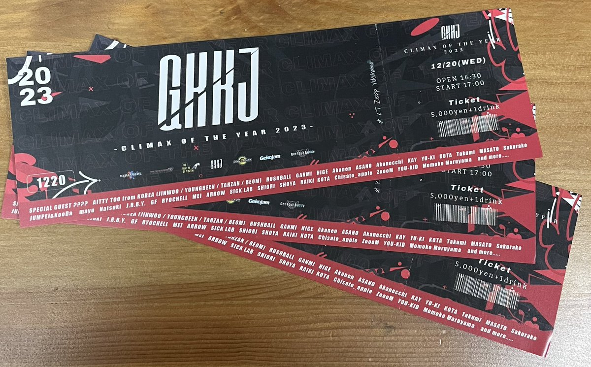 LookAt1014's tweet photo. GKKJ  CLIMAX OF THE YEAR 2023
完売チケット（スタンディング×３枚）
１枚¥5000→¥2500でお譲りします。チケットは当日会場でお渡しします。ご希望の方DMで！

2023.12.20(水) 
OPEN16:30/START17:00
KT Zepp横浜
ゲストGANMI、RUSHBALL、AITTY TOO from KOREA➕???ゲスト 
#gkkjチケット譲 #ganmi https://t.co/FkHD4scG7u