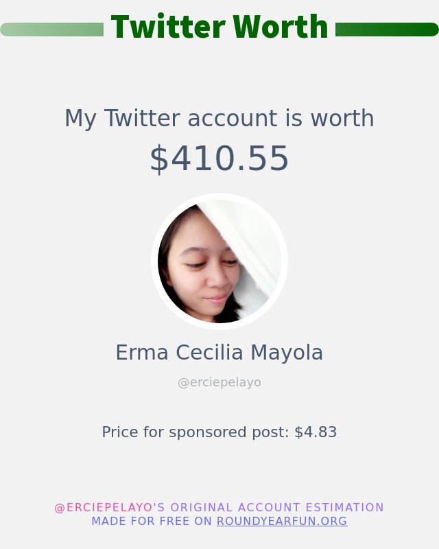 erciepelayo's tweet photo. My Twitter worth is: $410.55

➡️ https://t.co/yDwNoWoMCn https://t.co/tG3W0lD9Gx