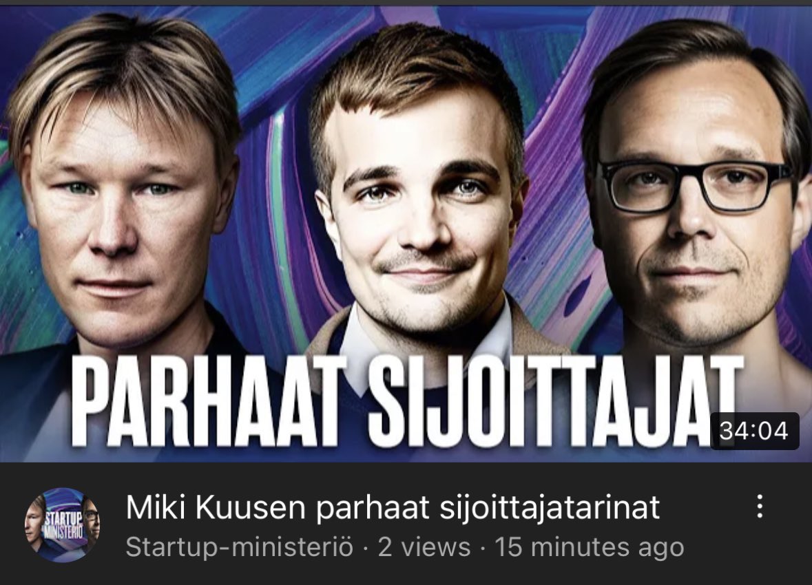 Startup-ministeriössä <a href="/mikikuusi/">Miki Kuusi</a> tänään keskustelemassa <a href="/woltapp/">Wolt</a>:in ja muiden menestysfirmojen sijoittajista. Ketkä VC:t ovat jääneet mieleen? Onko yrittäjätaustalla merkitystä sijoitusten onnistumisprosentille? <a href="/timomj/">Timo Ahopelto</a> lausuu runon 🎯 youtu.be/4sukj8cJnBc?si…