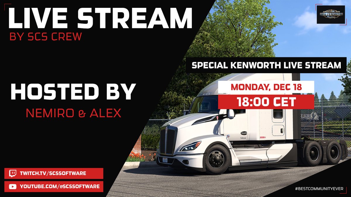 Special Kenworth live stream today! 🚛 Join us on our channels today at 18:00 CET for an American Truck Simulator live stream with a special guest from @KenworthTruckCo! 🎥 Watch here 👇 🟣 Twitch.tv/SCSSoftware 🔴 Youtube.com/@SCSSoftware