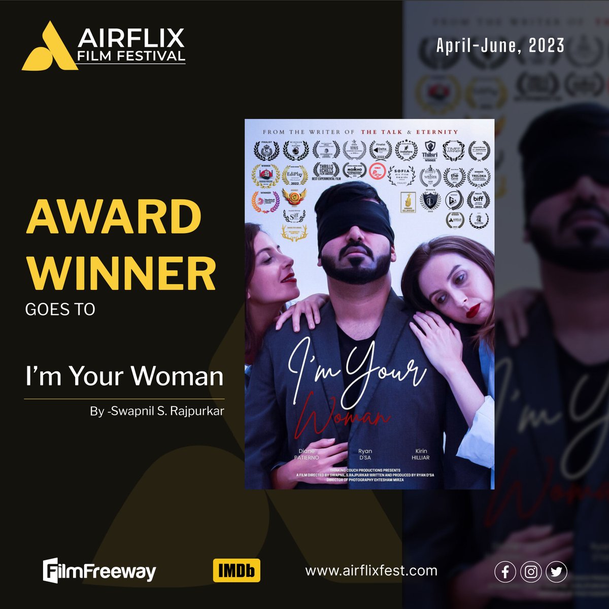 Best wishes for you 💥 You proudly share that 'I'm your woman' has been Award Winner at Airflix International Film Festival. filmfreeway.com/AirflixFilmFes… Use AIRFLIX to get the discount.