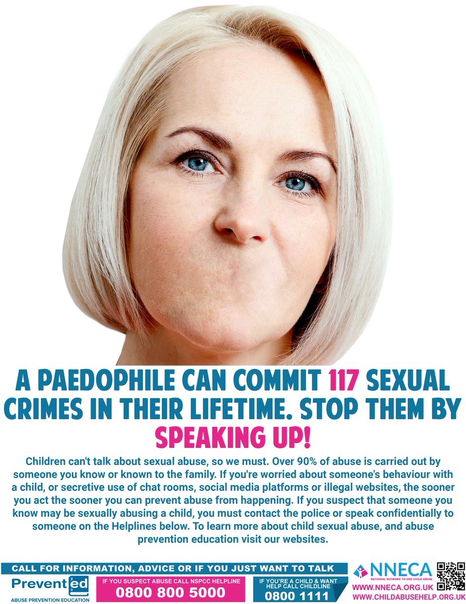 A TYPICAL PAEDOPHILE WILL COMMIT 117 SEXUAL CRIMES IN THEIR LIFETIME
Children can’t talk about sexual abuse, so we have too. If you suspect abuse, even from a loved one, SPEAK UP to help them &amp; prevent abuse from happening
#ChildAbuseHelp #PreventED nneca.org.uk