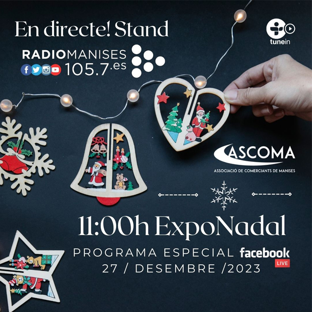 radiomanises's tweet image. Un any més, participació i col·laboració amb &quot;Expo Nadal&quot;, organitzat per #Ascoma @ascoma_manises. En directe! Programa especial. De 11h a 14h. #Manises

📻 Dial 105.7 Fm
📻 Web radiomanises.es
📻 TuneIn tun.in/seuUt
🎥 Faceboock Live shre.ink/TMXX