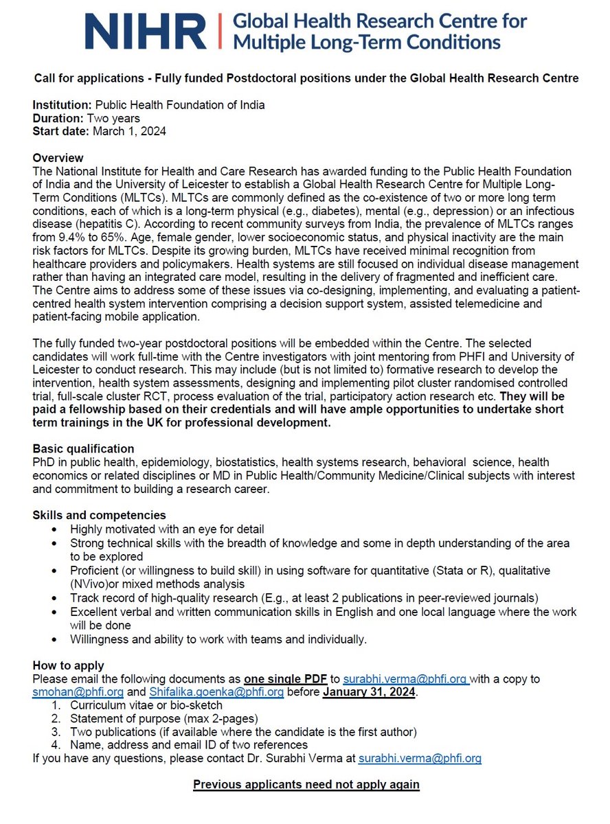Public Health Foundation of India (PHFI) (@thephfi) on Twitter photo #ApplicationsOpen I Call for applications - Fully Funded Postdoctoral Positions under the Global Health Research Centre. Last date 31 January 2024
<a href="/uniofleicester/">University of Leicester</a> <a href="/thePHFI/">Public Health Foundation of India (PHFI)</a> <a href="/LDC_tweets/">🌱Leicester Diabetes</a> <a href="/ARC_EM/">NIHR ARC East Midlands</a>
<a href="/EthnicHealthRes/">Centre for Ethnic Health Research</a> <a href="/NIHRresearch/">National Institute for Health and Care Research</a> #postdoctoral #multimorbidity #MLTCs #NIHRGHRCMLTC #ApplicationsOpen I Call for applications - Fully Funded Postdoctoral Positions under the Global Health Research Centre. Last date 31 January 2024
<a href="/uniofleicester/">University of Leicester</a> <a href="/thePHFI/">Public Health Foundation of India (PHFI)</a> <a href="/LDC_tweets/">🌱Leicester Diabetes</a> <a href="/ARC_EM/">NIHR ARC East Midlands</a>
<a href="/EthnicHealthRes/">Centre for Ethnic Health Research</a> <a href="/NIHRresearch/">National Institute for Health and Care Research</a> #postdoctoral #multimorbidity #MLTCs #NIHRGHRCMLTC