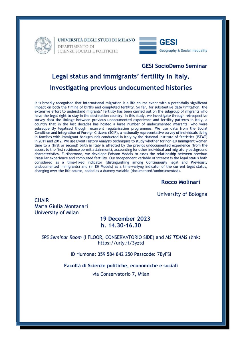 GESI_project (@gesi_project) on Twitter photo 📌Tomorrow at the <a href="/LaStatale/">Università degli Studi di Milano</a> Department of Social and Political Sciences, don't miss the third #GesiSociooDemoSeminar.
@RoccoMolinariwill present his work on #Migration #fertility and #legalstatus. 📌Tomorrow at the <a href="/LaStatale/">Università degli Studi di Milano</a> Department of Social and Political Sciences, don't miss the third #GesiSociooDemoSeminar.
@RoccoMolinariwill present his work on #Migration #fertility and #legalstatus.