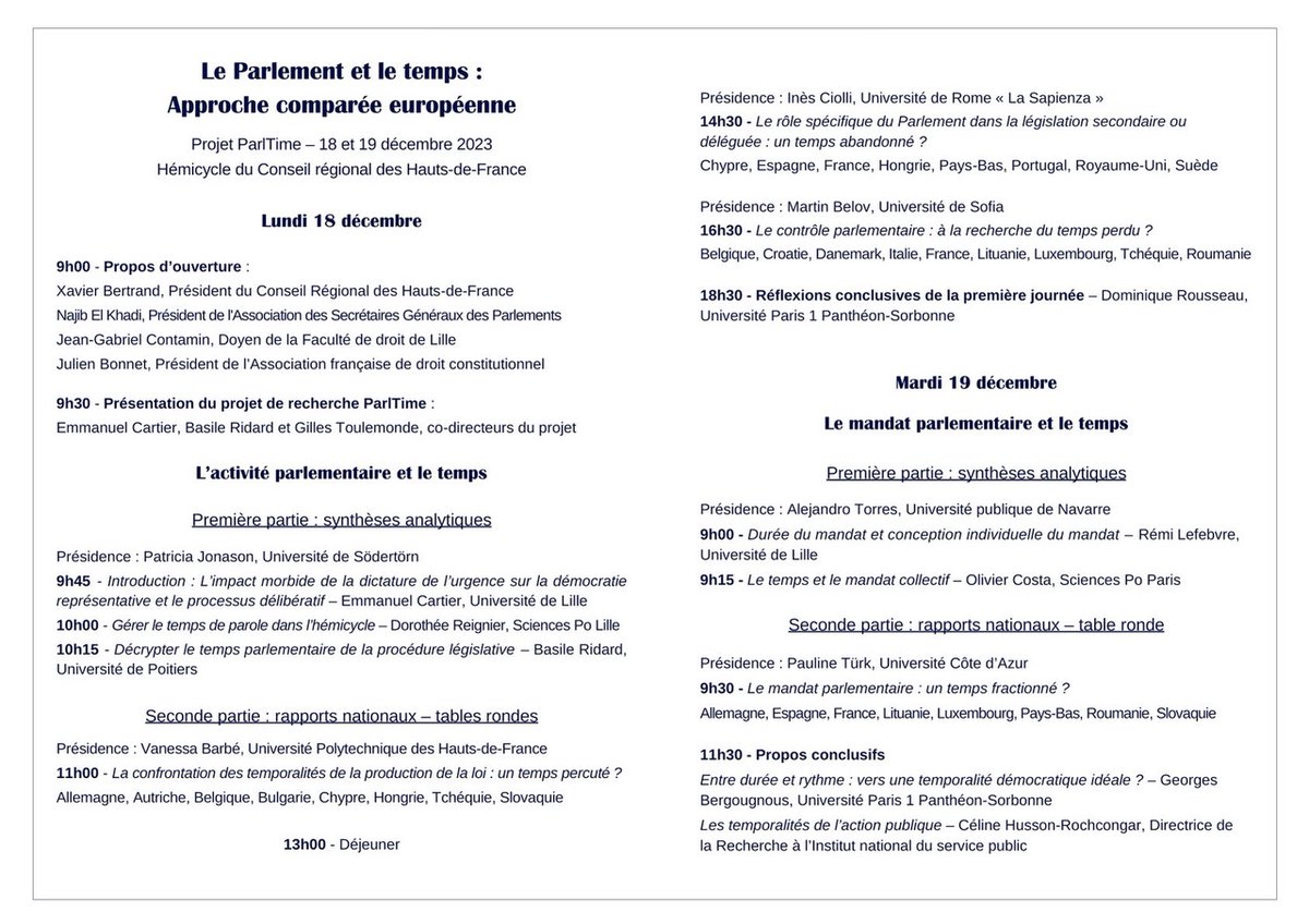A vos agendas ! Les lundi 18 et mardi 19 décembre, l'université de Lille organise un colloque international sur le thème 'Le Parlement et le temps' co-organisé par le Pr. Emmanuel Cartier, @gtlmde et @basileridard. Colloque accessible via lien Zoom : hautsdefrance.webex.com/hautsdefrance/…