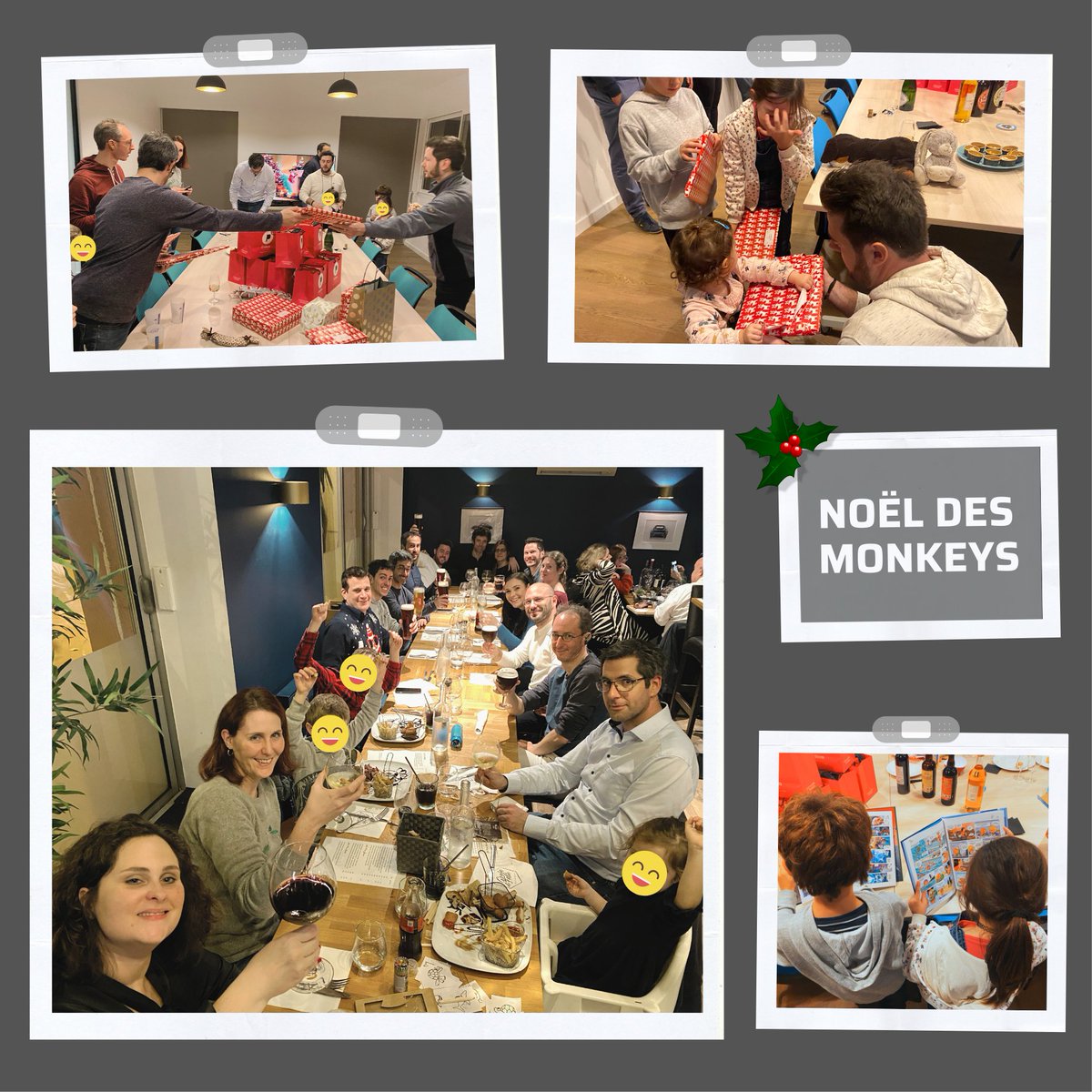 [🎅#Noël des #Monkeys] Au programme de la soirée: 🔹#SecretSanta avec présents parfois décalés 🙈 🔹Cadeaux pour les enfants des Monkeys 🎁 🔹Distribution de chocolats 🍫 🔹Restaurant gourmand 😋 🔹Et pour certains, la soirée s’est prolongée... 🍻 #Développeurs #FunAuTravail