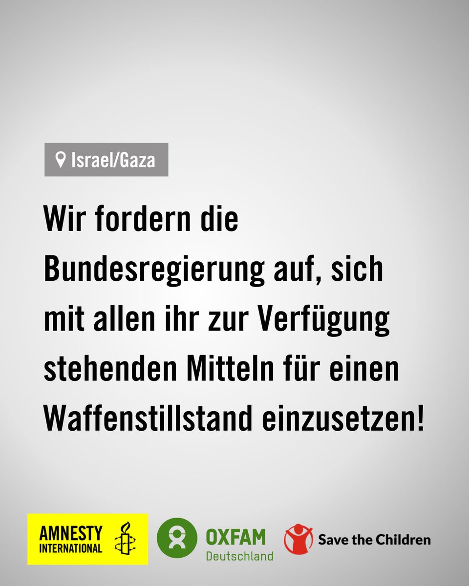 Gemeinsam mit mehr als 3 Millionen Menschen weltweit, <a href="/amnesty_de/">Amnesty Deutschland</a> und <a href="/Oxfam_DE/">Oxfam Deutschland</a> fordern wir alle Konfliktparteien in #Israel und #Gaza zu einem sofortigen Waffenstillstand auf! Das Leiden der Zivilbevölkerung muss enden. #CeasefireNOW #BringThemHomeNow
