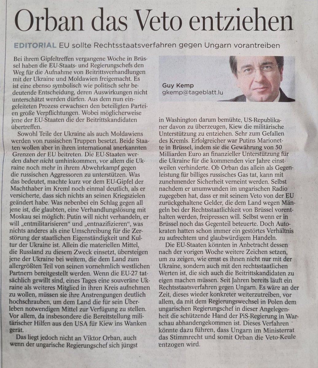 Guten Morgen.Interessanter Leitartikel zu #fckOrban von Guy Kemp im Luxemburger Tageblatt. (18.12.23)
Tatsachen wie Putin- Marionette, Autokrat, glaubwürdig und aufrecht werden ganz klar ausgesprochen.