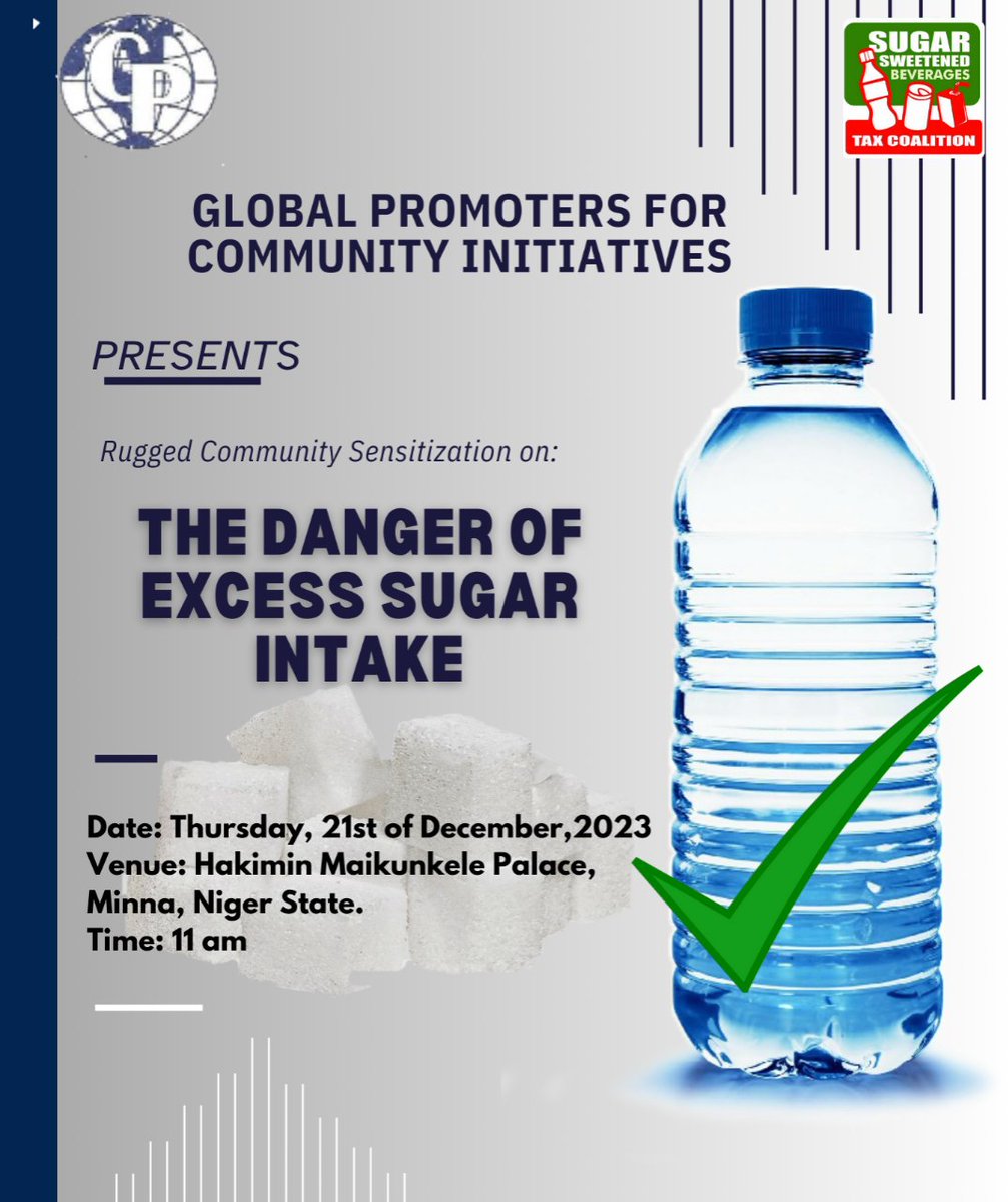 Do u no that wen u reduce ur sugar intake sugar,u could lower calories n body weight. Excess sugar intake is dangerous to your health. Join us on Thursday 21/12/23 where we would be discussing danger of if excess sugar intake. @CAPPAfrica @dhorkasmbasen @QuamLois @WHONigeria