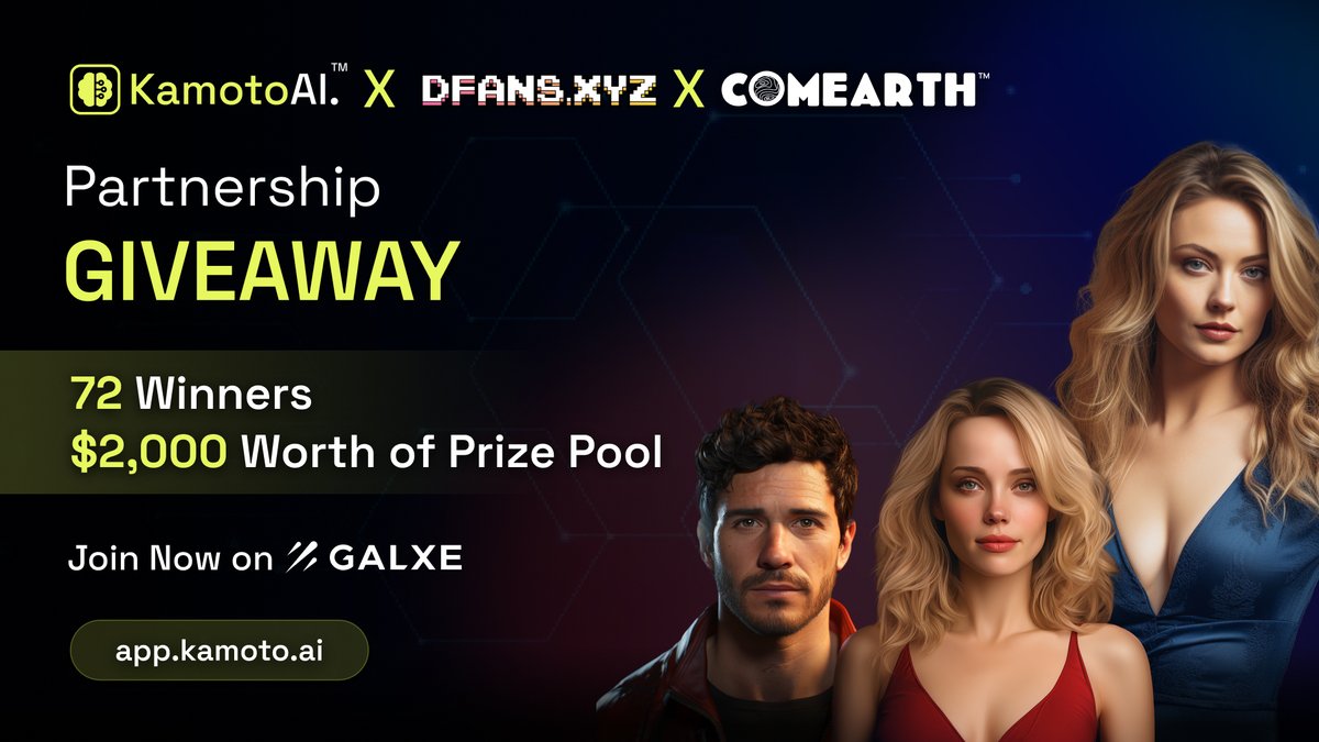 🚀#COMEARTH &amp; <a href="/KamotoAI/">Kamoto.AI</a>  X <a href="/dfans_xyz/">dFans</a> Partnership #Giveaway 

 ❤️‍🔥dFans is onlyfans in web3

🎁 $2,000 worth of #Airdrop  | 72 Winners
 $USDT, an exclusive #NFT Pass, Premium membership of #AI tool &amp; more.

❤️,RT &amp; Tag 3 fren
👉Join #Galxe : galxe.com/comearth/campa…

⏰18-25th Dec