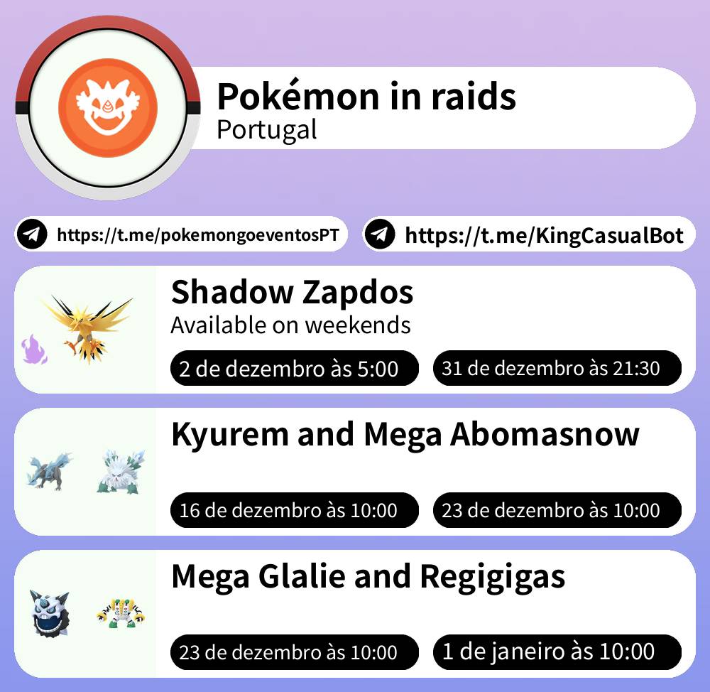 Eventos Pokémon GO (Portugal) on X: 🌠 Lista de eventos 13/11/2023 8:50  Portugal Telegram:  #PokemonGO #Evento   / X