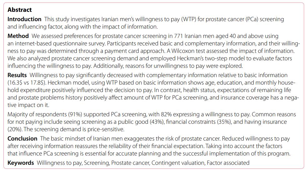 New Publication in Cost Effectiveness and Resource Allocation: 'Factors associated with willingness to pay for prevention of cancer: a study of prostate cancer screening' by Najmeh Moradi et al: shorturl.at/hlQT1 #WTP #cancer #healtheconomics #screening