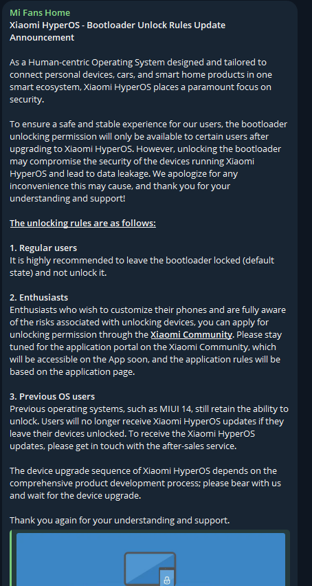 New bootloader unlock policy for Global Xiaomi devices is coming... For now it's unclear what will be required from 'enthusiasts' to unlock their devices on HyperOS.