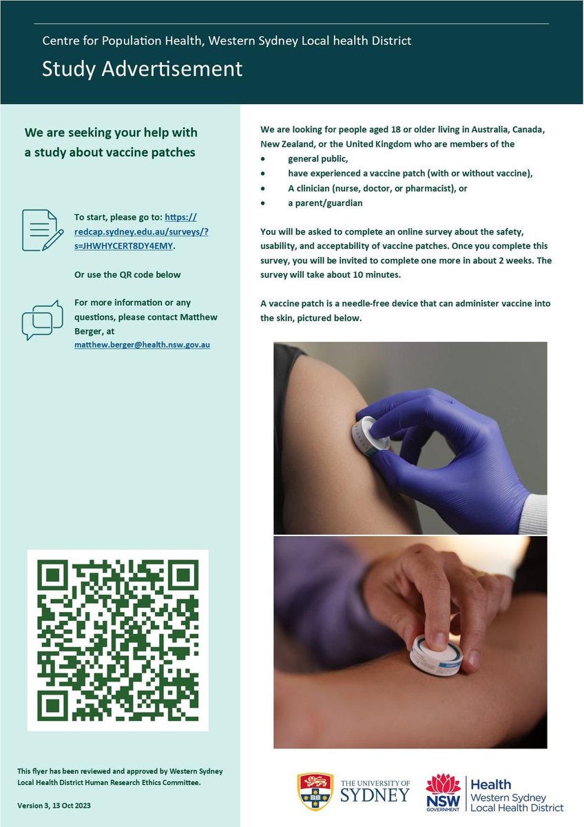 We would like to invite you to take part in a research project on vaccine patches, which are a new vaccine delivery method under development.

We are looking for people aged 18 years and older living in Australia, Canada, New Zealand and the UK.

redcap.sydney.edu.au/surveys/?s=JHW…