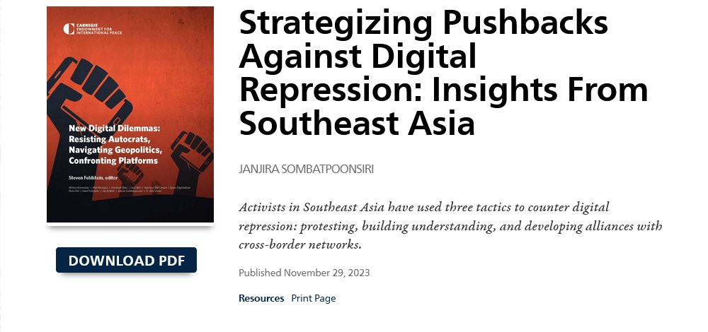 My latest piece, before 2023 ends, explores strategies to push back against #digitalrepression in #Southeastasia. Big thanks to @CarnegieEndow 's Digital Democracy Network for giving me this space. 🔗 to the article is below.