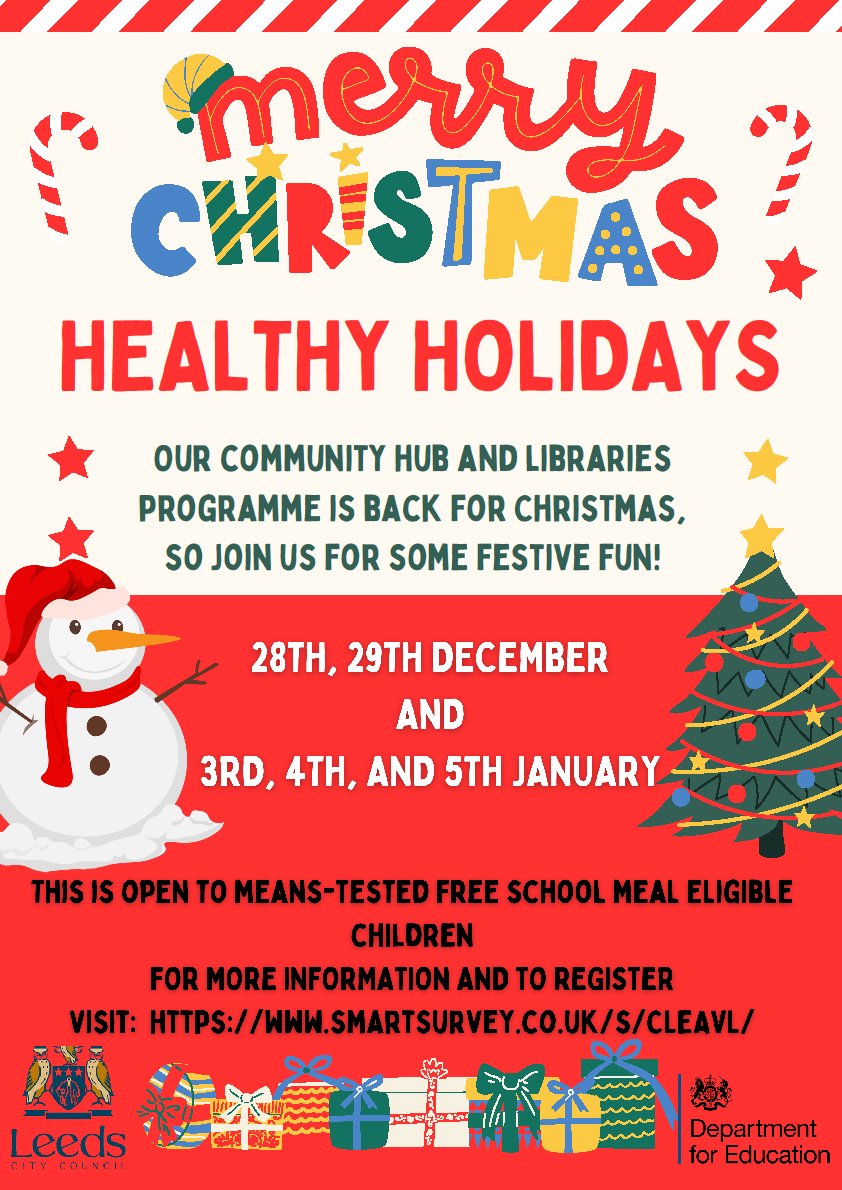 🎄Healthy Holidays Returns this Christmas!🎄

Our programme is available again this year at our Community Hubs &amp; Libraries
📅28th &amp; 29th December 
📅3rd, 4th &amp; 5th January 

Please follow the link for information and to register: shorturl.at/qFQS0

🎁Festive fun awaits! 🎁