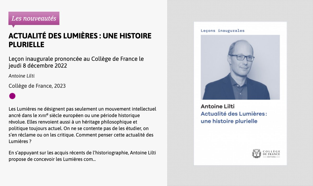 [#Parution #numérique] Antoine Lilti, “#Actualité des #Lumières : une #histoire plurielle”, @EditionsCdF, coll. “Leçons inaugurales”, désormais en #accèsouvert freemium sur OpenEdition Books : books.openedition.org/cdf/15413 #pluralité @OpenEditionActu