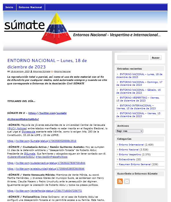 Sumate's tweet image. Entorno Nacional #Lunes18Diciembre
Aquí tienes nuestro 1er reporte con lo acontecido en el ámbito político - electoral nacional, publicado por principales portales de noticias.
Accede a Entornos Internacional y Vespertino
Pulsa aquí: entornos.sumate.org