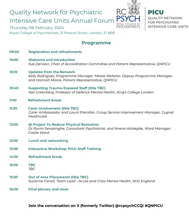 📢 The QNPICU Annual Forum Programme is now available! The Quality Network for Psychiatric Intensive Care Units (#QNPICU) will be hosting its fifth annual forum on 08 February 2024. You can sign up below. The Network look forward to seeing you there! forms.office.com/Pages/Response…