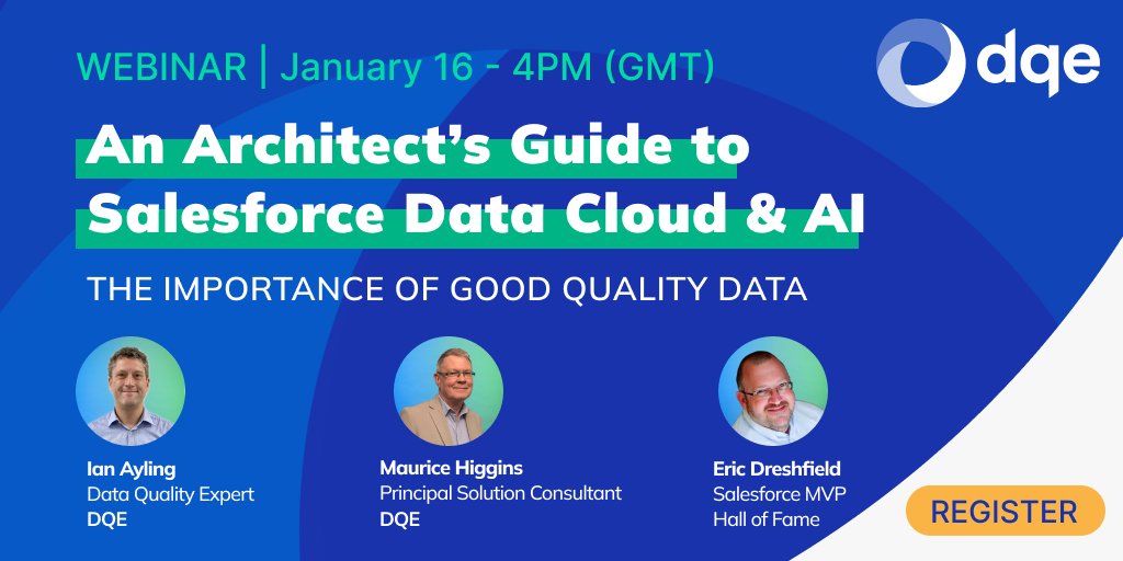 🌐Save the date for our exclusive webinar: An Architect's Guide to Salesforce Data Cloud &amp; AI

Join us at the upcoming <a href="/SalesforceBen/">Salesforce Ben</a> webinar covering the topics of #dataquality, #Salesforce #AI and #DataCloud.

🕒 4:00pm (GMT)
➡️Register: landing.dqe.tech/fr/webinar-sal…