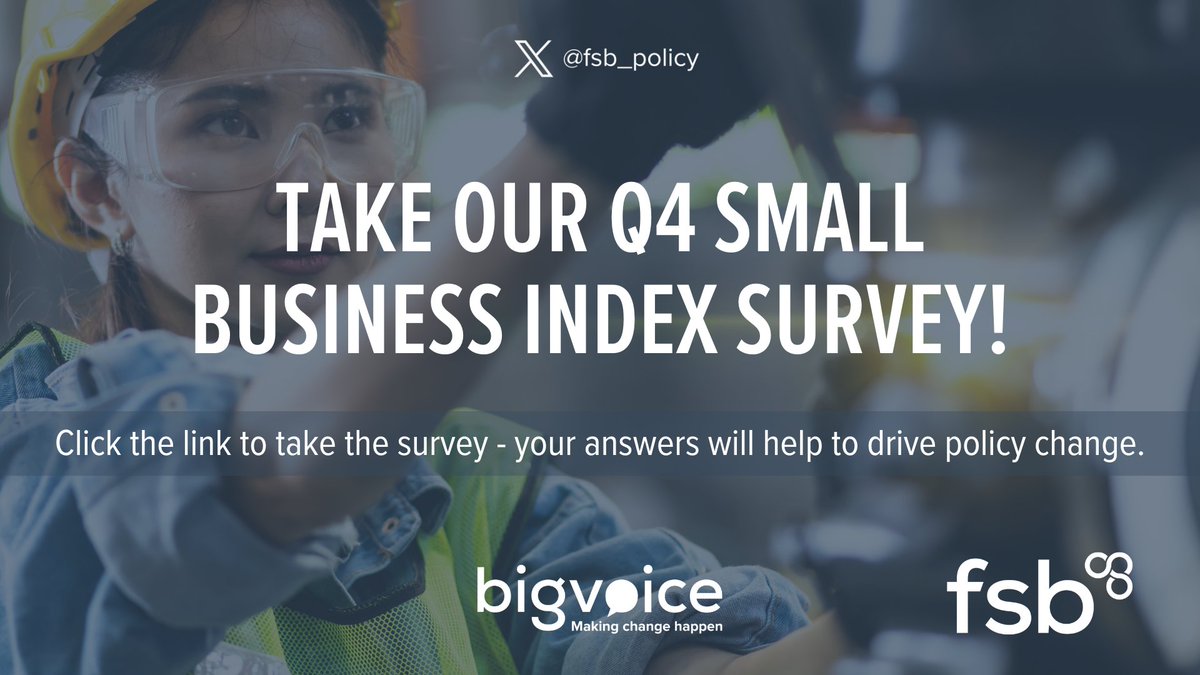🚨 Calling all small business owners and the self-employed 🚨 Our latest Small Business Index survey is live and we want your views. Your insights help drive vital policy change and influence key decision-makers. Click the link to take the survey 👇 🔗 fsbbigvoice.co.uk/SBI2023Q4