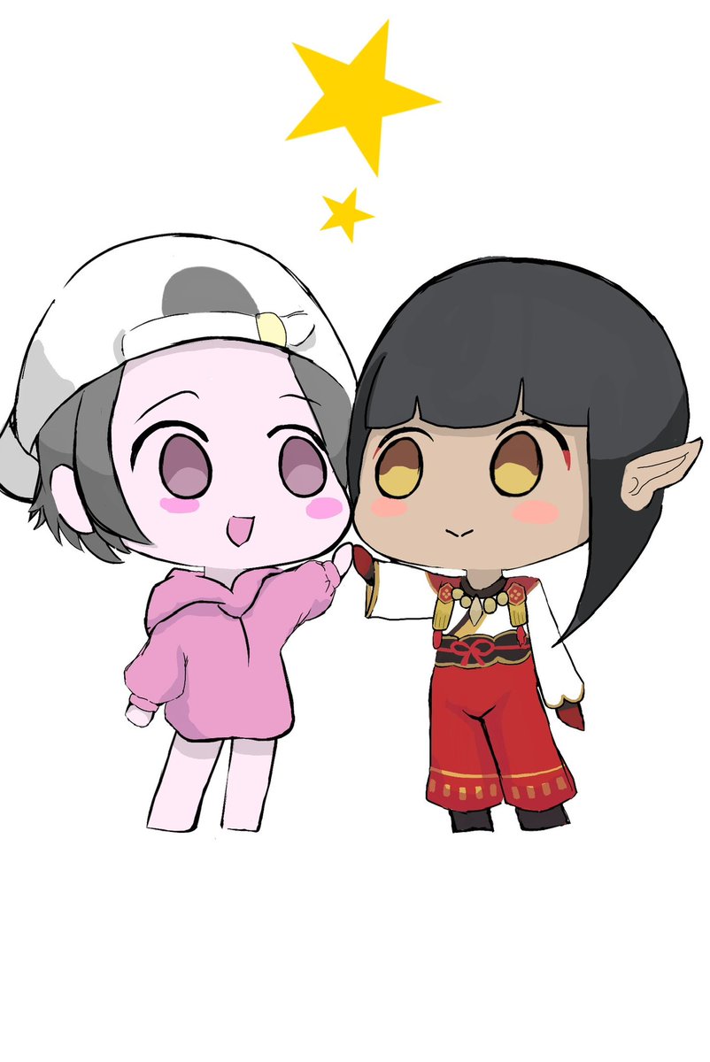 black hair pointy ears chibi dark skin smile hood pink pants  illustration images