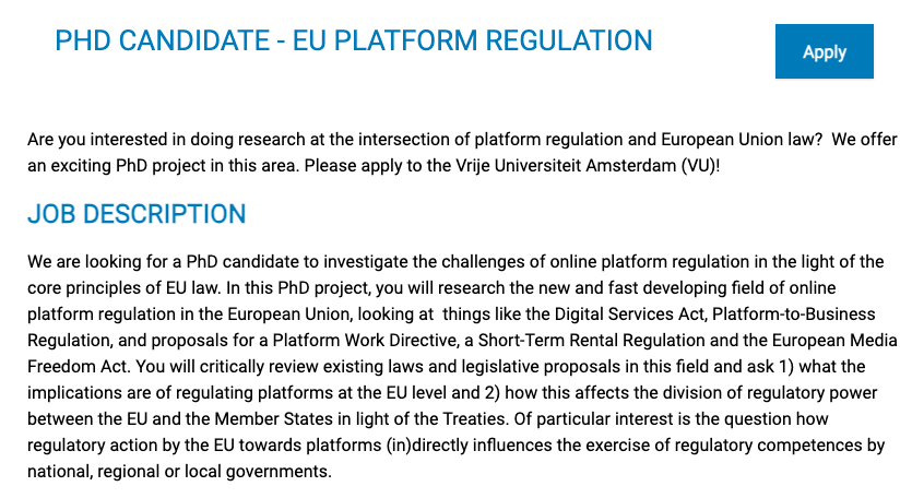 📣 JOB ALERT 🔥 We have an opening: Ph.D. position in EU platform regulation. Deadline: 7 January 2024. Link: werkenbij.vu.nl/ad/phd-candida…