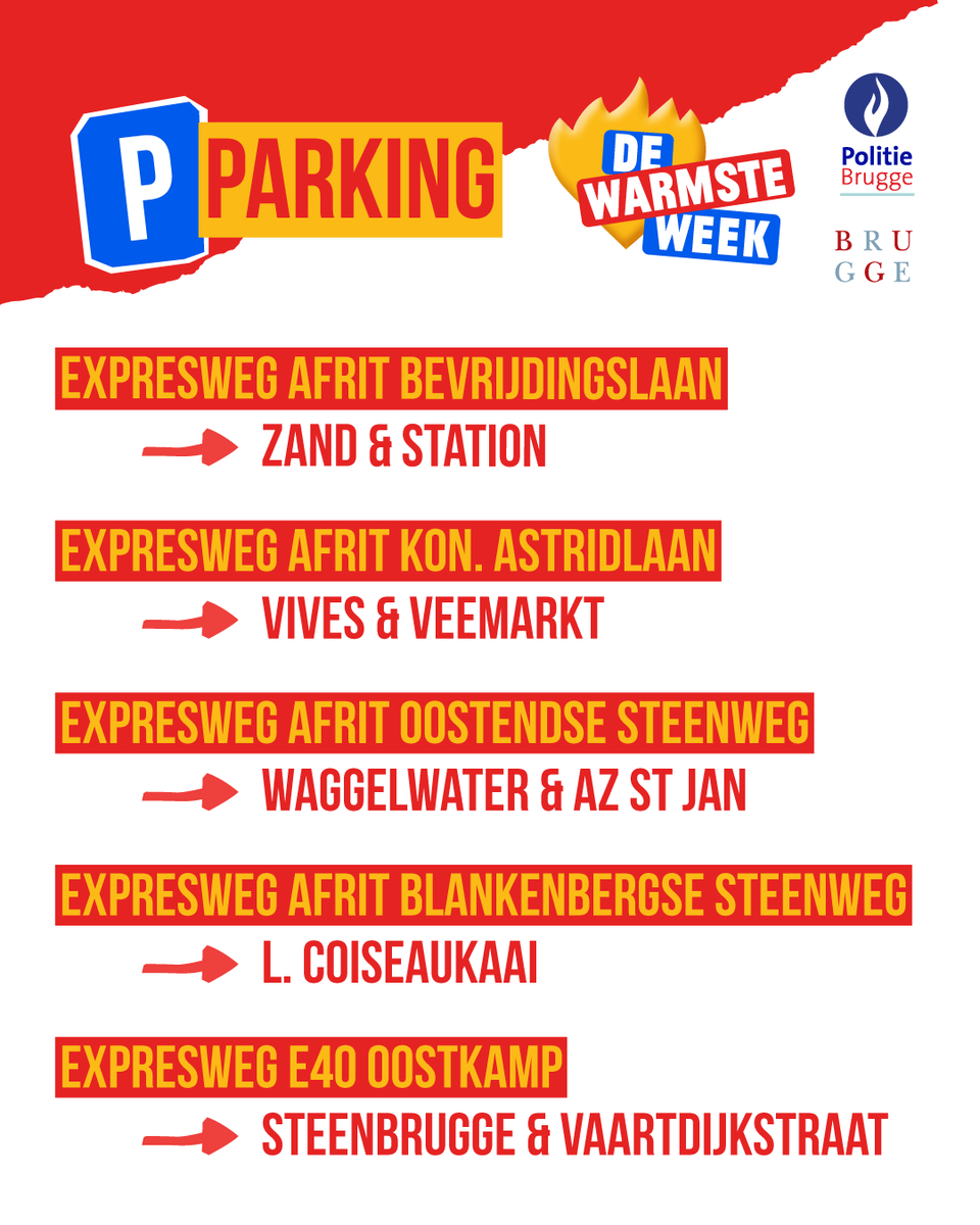 Herhaling helpt, zeggen ze. Wie met de wagen naar @DeWarmsteWeek komt, kan via onderstaande afritten naar de diverse randparkings rijden met gratis bus richting 't Zand en het station. Volg de instructies op de borden boven de autosnelweg en de tekstkarren langs de invalswegen.