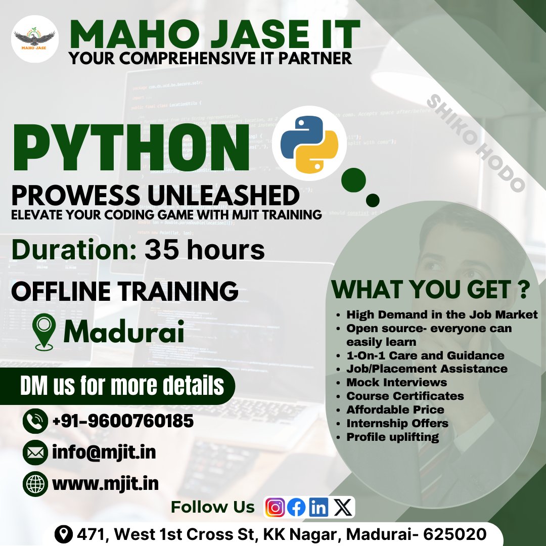 Python Prowess Unleashed: Elevate Your Coding Game with MJIT Training🖥️

#Python #coding #pythoncourse #training #madurai #mjittraining #PythonProgramming #CodeInPython 
#Pythonista #PythonCode #LearnPython 
#PyCoding #Pythonic #PythonTips #DataSciencePython #AIwithPython