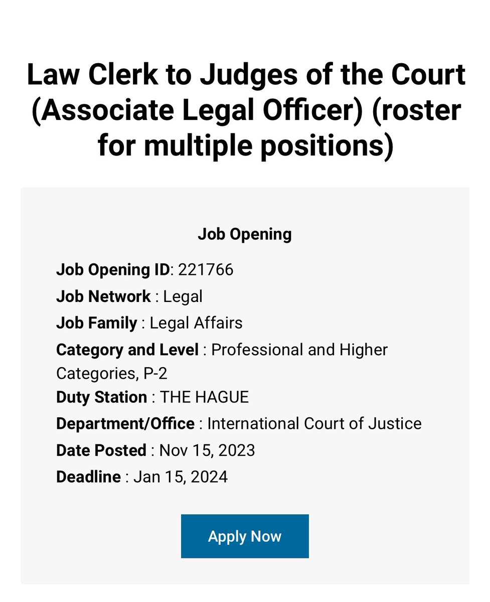 instagram.com/p/C0_WIvwMato/… *Law Clerk to Judges of the International Court of Justice (ICJ) (Associate Legal Officer) (roster for multiple positions)* Due 15 January 2024 Apply here careers.un.org/jobSearchDescr…