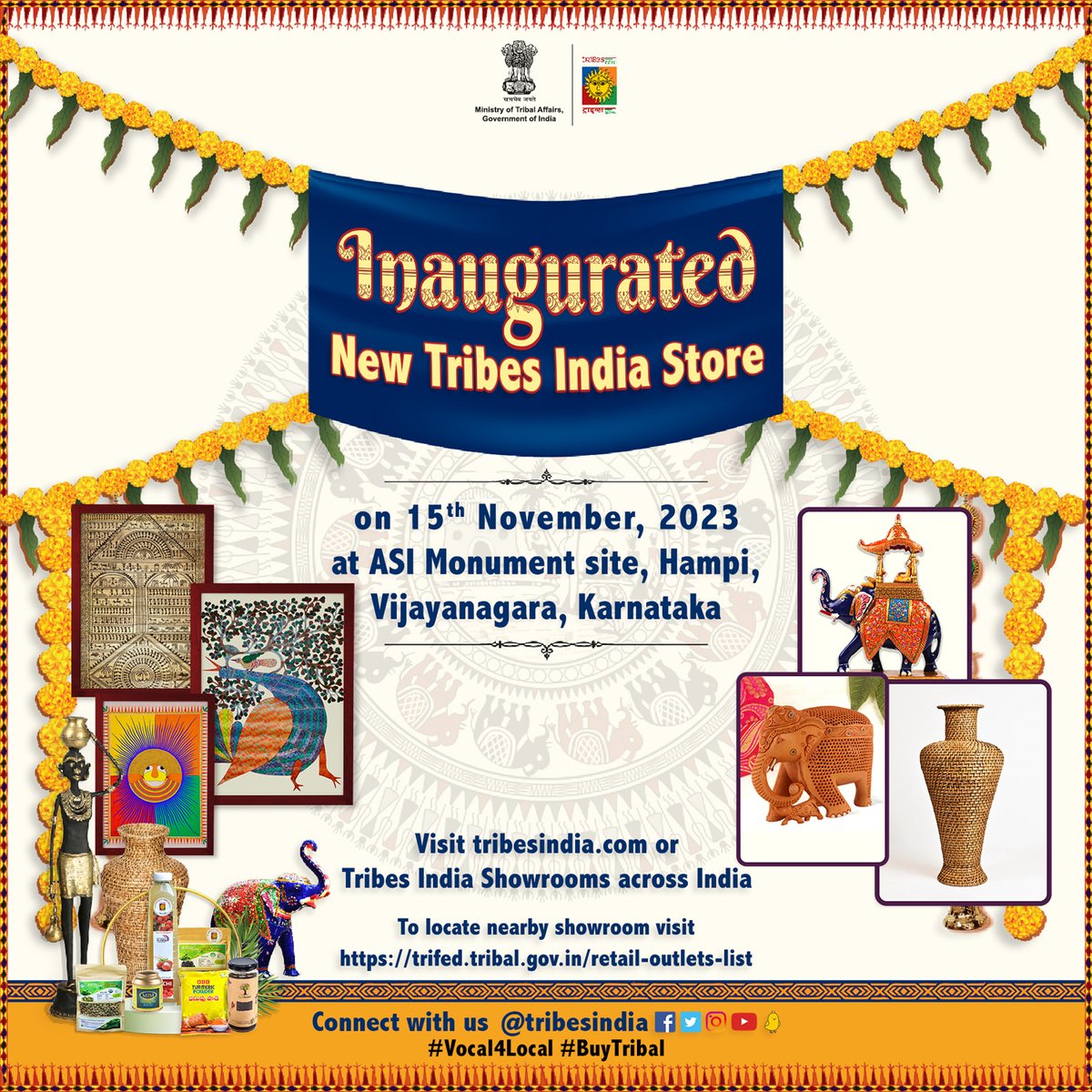 'We were elated to announce the grand opening of the new @tribesindia store at ASI Monument site, Hampi, Vijayanagara, Karnataka on 15th November 2023. Visitors had the opportunity to shop for a variety of tribal handlooms, handicrafts, and organic products.'