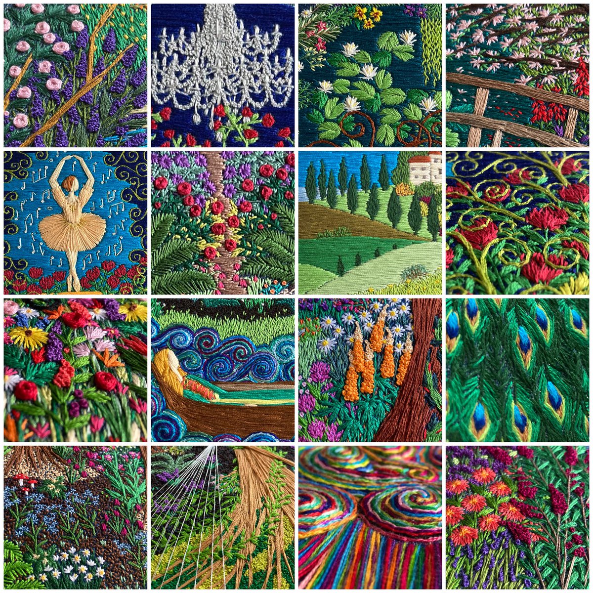 Good morning, here’s a colourful collage to start your week… All are snippets taken from some of my embroideries. I hope it brightens up the grey… 😊🧵🪡🌿🌺 #stitchedart #thesewingsongbird