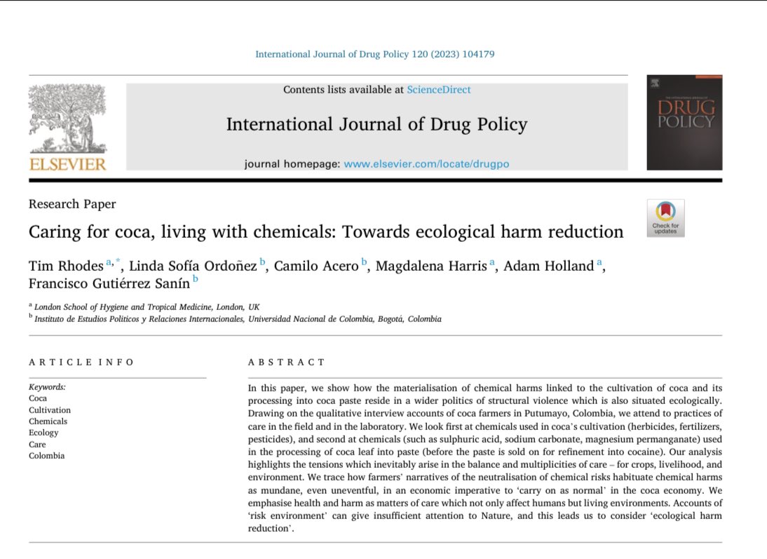 “Caring for coca, living with chemicals: Towards ecological harm reduction” by @tim__rhodes et al (2023) via @ijdrugpolicy…do you think coca should be legalized and regulated? Why or why not? Let us know! Link: sciencedirect.com/science/articl… #DrugPolicy