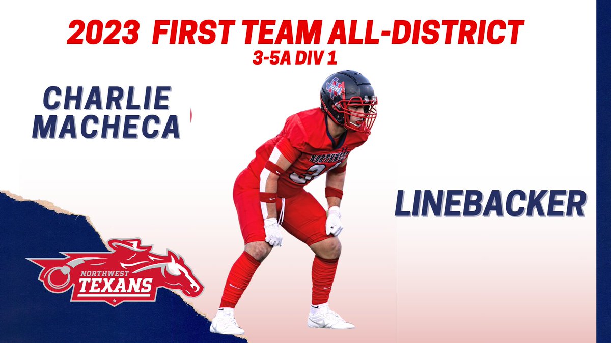 Bill Poe (@coach_bpoe) on Twitter photo Congrats to <a href="/MachecaCharlie/">Charlie Macheca</a> for making 1st Team District 3-5A Div 1 Linebacker!!
<a href="/NWTexanFootball/">NW Texans Football</a>
<a href="/NHSRecruits/">Northwest High School Football Recruiting</a> Congrats to <a href="/MachecaCharlie/">Charlie Macheca</a> for making 1st Team District 3-5A Div 1 Linebacker!!
<a href="/NWTexanFootball/">NW Texans Football</a>
<a href="/NHSRecruits/">Northwest High School Football Recruiting</a>