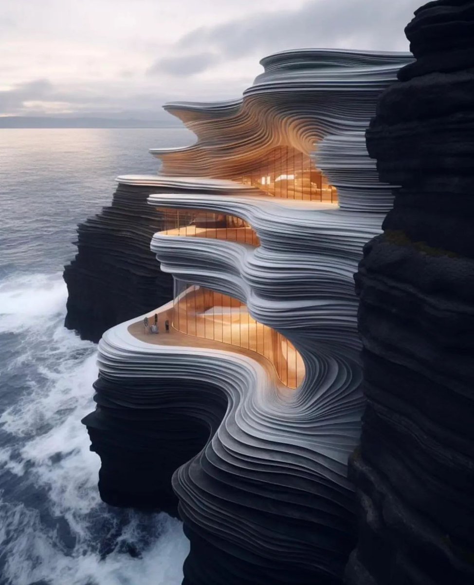 TheB1M's tweet photo. Digital artist and RIBA Part 1 architect Sarah Asif (@sa_dreamscapes) has used AI to imagine buildings dramatically integrated into Irish cliff faces. #construction #architecture #aiarchitecture https://t.co/l8ZgKIKLRO
