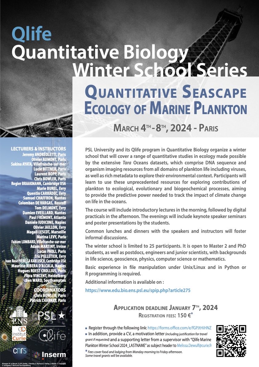 PSL-Qlife (@pslqlife) on Twitter photo 📣There are still some spot left for our school «Quantitative seascape ecology of marine plankton »!
Deadline to apply: Jan 7th
Program 👉 edu.bio.ens.psl.eu/spip.php?artic…
<a href="/IBENS_ENS/">IBENS</a> <a href="/chrisbowler32/">Chris Bowler</a> @laurent_bopp <a href="/rogier_braakman/">Rogier Braakman</a> <a href="/vincentflora/">Flora Vincent</a> <a href="/DIudicone/">Daniele Iudicone</a> <a href="/MarinaLocean/">Marina Levy</a> <a href="/Eric_Pelletier/">Eric Pelletier</a> 📣There are still some spot left for our school «Quantitative seascape ecology of marine plankton »!
Deadline to apply: Jan 7th
Program 👉 edu.bio.ens.psl.eu/spip.php?artic…
<a href="/IBENS_ENS/">IBENS</a> <a href="/chrisbowler32/">Chris Bowler</a> @laurent_bopp <a href="/rogier_braakman/">Rogier Braakman</a> <a href="/vincentflora/">Flora Vincent</a> <a href="/DIudicone/">Daniele Iudicone</a> <a href="/MarinaLocean/">Marina Levy</a> <a href="/Eric_Pelletier/">Eric Pelletier</a>