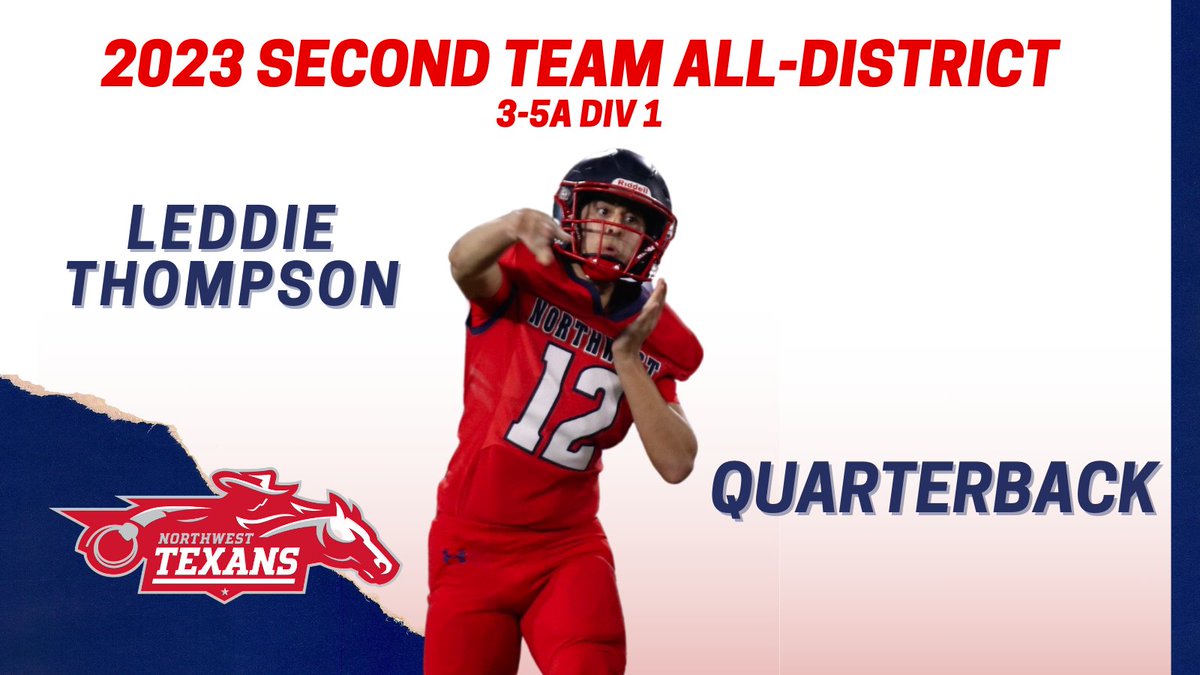 Bill Poe (@coach_bpoe) on Twitter photo Congrats to <a href="/LeddieThompson/">Leddie Thompson</a> for making 2nd Team District 3-5A Div 1 Quarterback!!
<a href="/NWTexanFootball/">NW Texans Football</a>
<a href="/NHSRecruits/">Northwest High School Football Recruiting</a> Congrats to <a href="/LeddieThompson/">Leddie Thompson</a> for making 2nd Team District 3-5A Div 1 Quarterback!!
<a href="/NWTexanFootball/">NW Texans Football</a>
<a href="/NHSRecruits/">Northwest High School Football Recruiting</a>