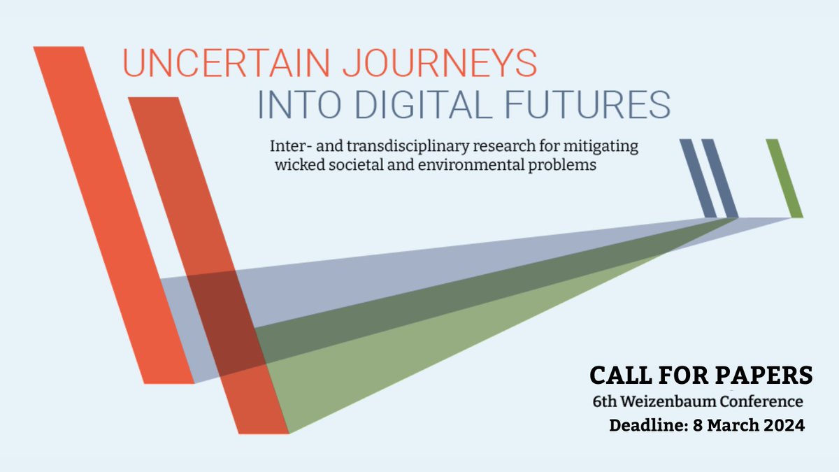 You're a #digitalscience scholar or practitioner, who's worried and hopeful about the #future ? 
‼️ CALL FOR PAPERS  ‼️
✨ Weizenbaum Conference 2024: Uncertain journeys into #digital futures ✨
📌 Deadline: March 8
🤩 Conference: 17-18 June
➡️ weizenbaum-conference.de/call-for-paper…